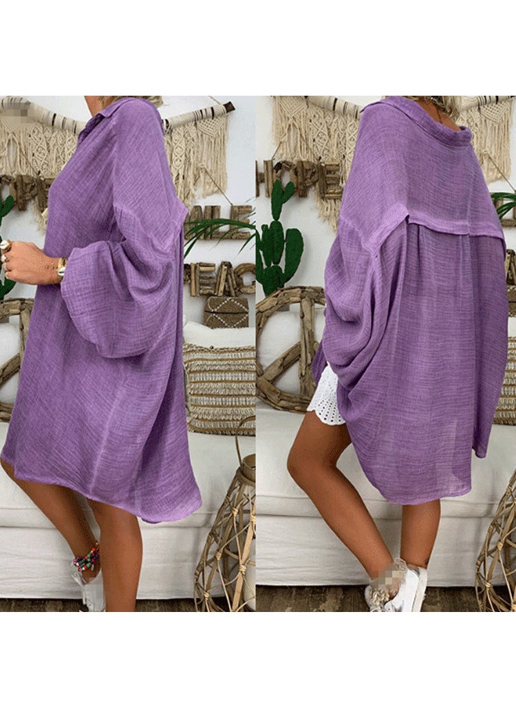 2024 Spring Casual Loose Solid Shirt for Women Purple