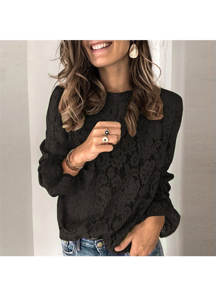 2024 Lace Bell Sleeve Hollow-Out Blouse Black [48 hours delivery]]