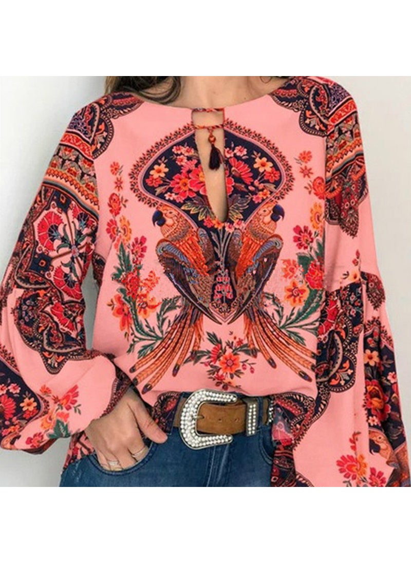 2024 Spring Summer Digital Print Lantern Sleeve Blouse Pink