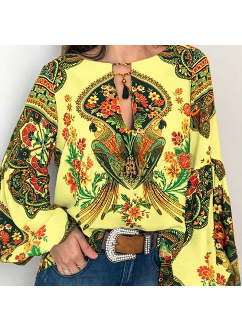 2024 Spring Summer Digital Print Lantern Sleeve Blouse Yellow