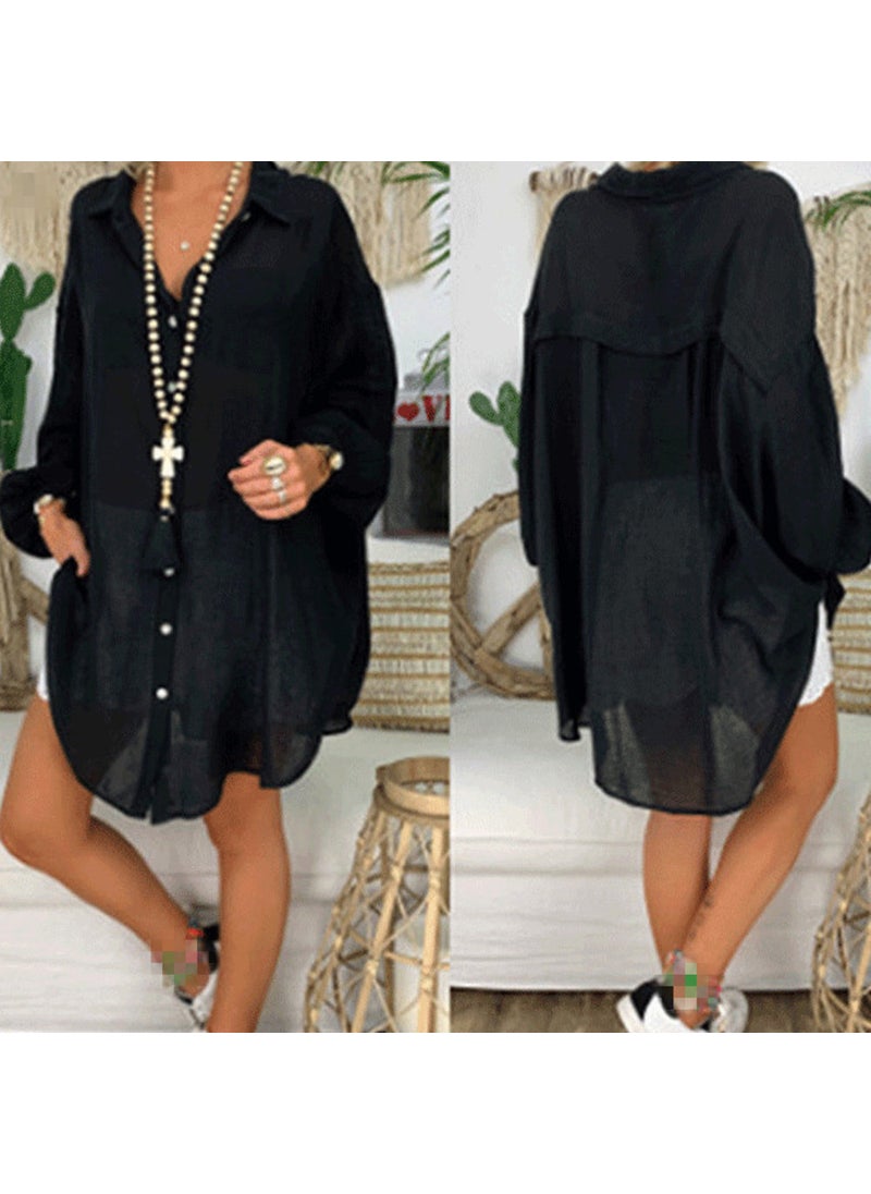 2024 Spring Casual Loose Solid Shirt for Women Black