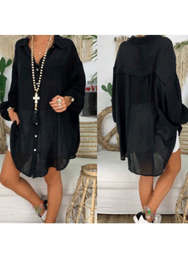 2024 Spring Casual Loose Solid Shirt for Women Black