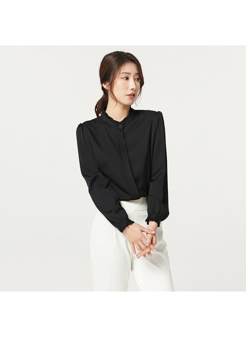 2024 Spring Autumn Silk Ruffle Collar Shirt for Women Black