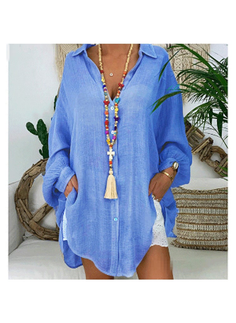 2024 Spring Casual Loose Solid Shirt for Women Blue