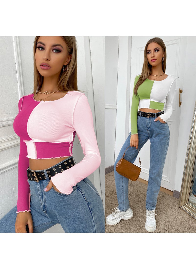 Color Block Casual Crop Top Tee Black