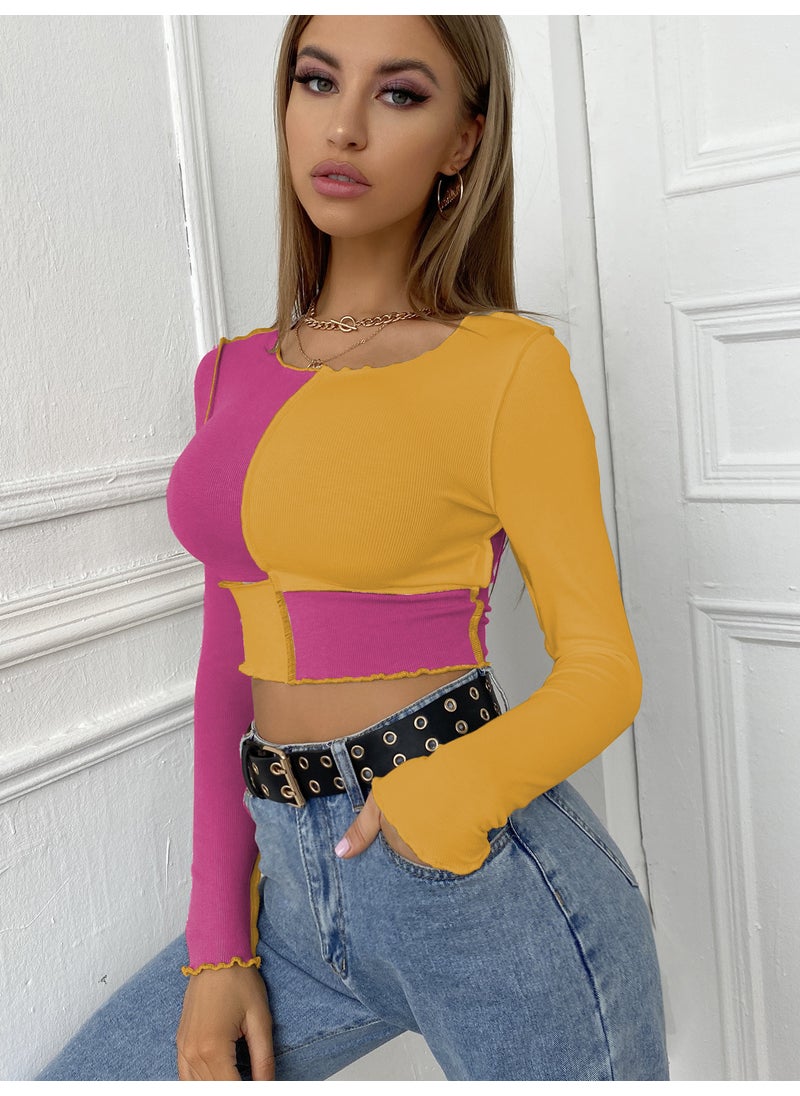 Color Block Casual Crop Top Tee Orange