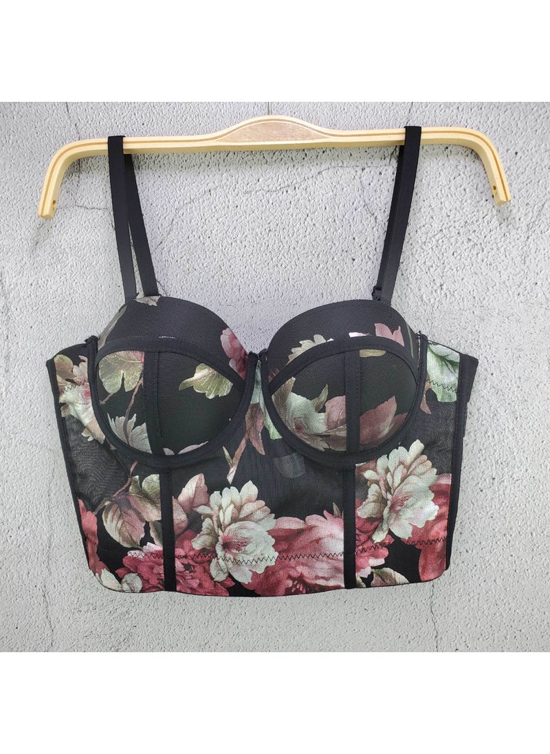 Spring Summer Floral Mesh Camisole Slimming Top Black