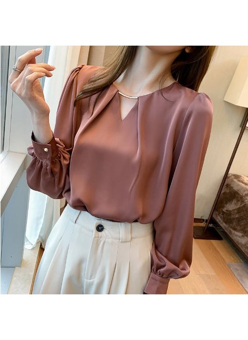 2024 spring new casual fashion elegant shirt French V-neck womens long sleeve loose Western style chiffon shirt Women Brick Red