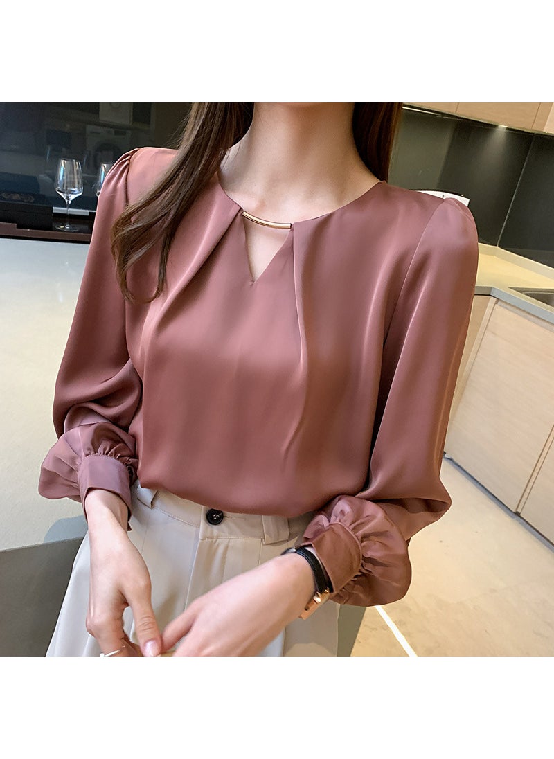 2024 spring new casual fashion elegant shirt French V-neck womens long sleeve loose Western style chiffon shirt Women Brick Red