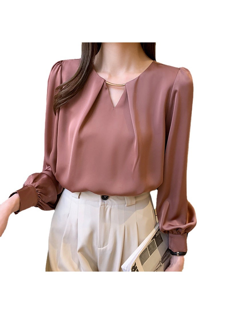 2024 spring new casual fashion elegant shirt French V-neck womens long sleeve loose Western style chiffon shirt Women Brick Red