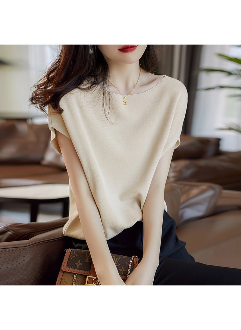 Silky Batwing Sleeve Loose Knit Top 2024 Rice apricot