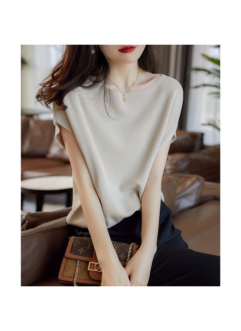 Silky Batwing Sleeve Loose Knit Top 2024 Rice apricot