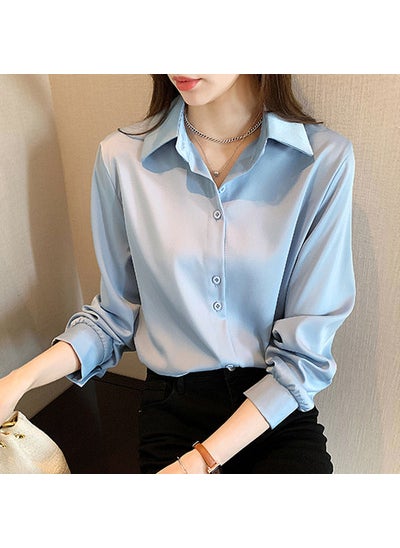 All-Match Shirt Womens Long-Sleeved Spring Thin 2023 New Fashion Design Sense Niche Top Elegant Shirt Blue