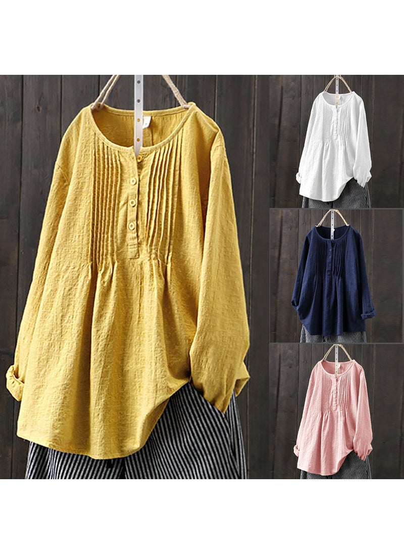 2024 Spring Autumn Loose Pleated Cotton Linen Womens Shirt Yellow