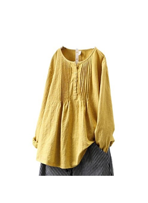 2024 Spring Autumn Loose Pleated Cotton Linen Womens Shirt Yellow