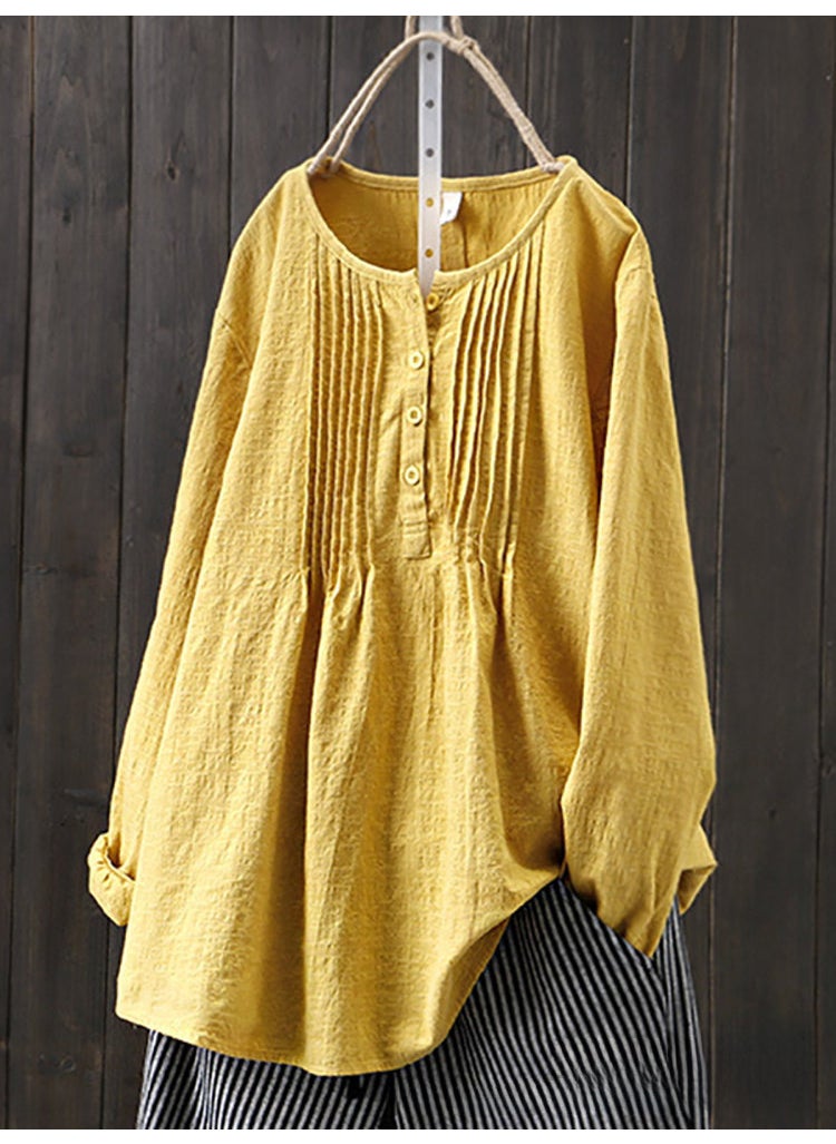 2024 Spring Autumn Loose Pleated Cotton Linen Womens Shirt Yellow