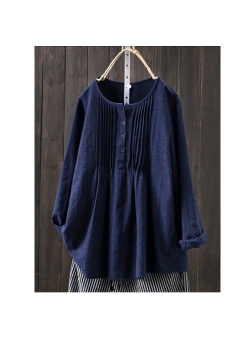 2024 Spring Autumn Loose Pleated Cotton Linen Womens Shirt Blue