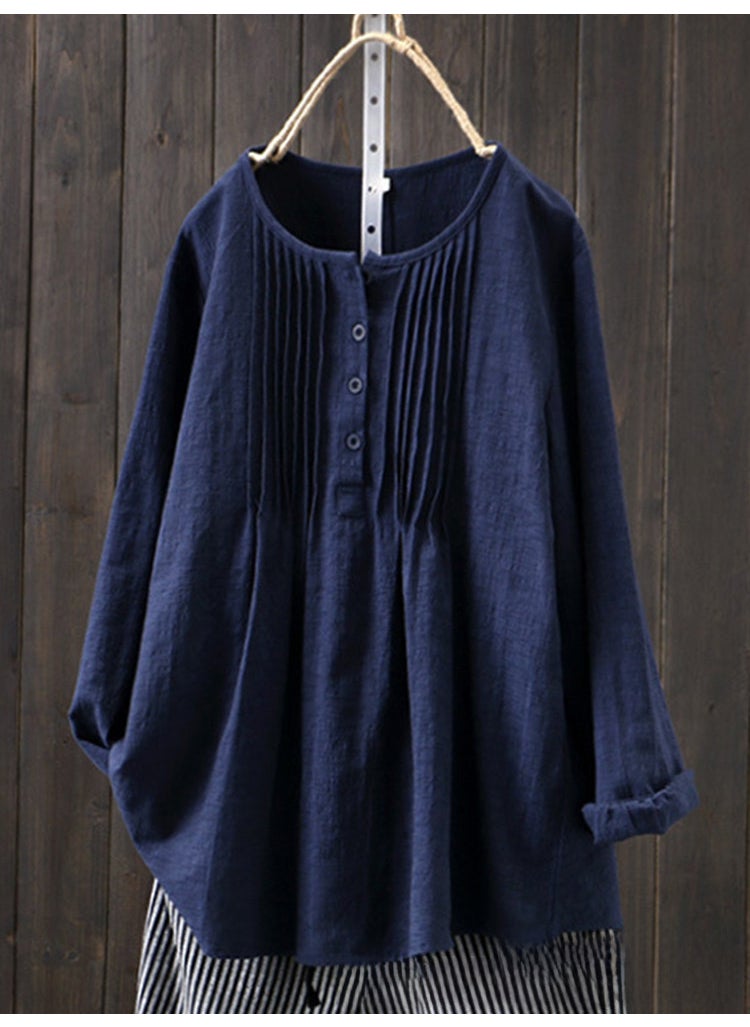 2024 Spring Autumn Loose Pleated Cotton Linen Womens Shirt Blue