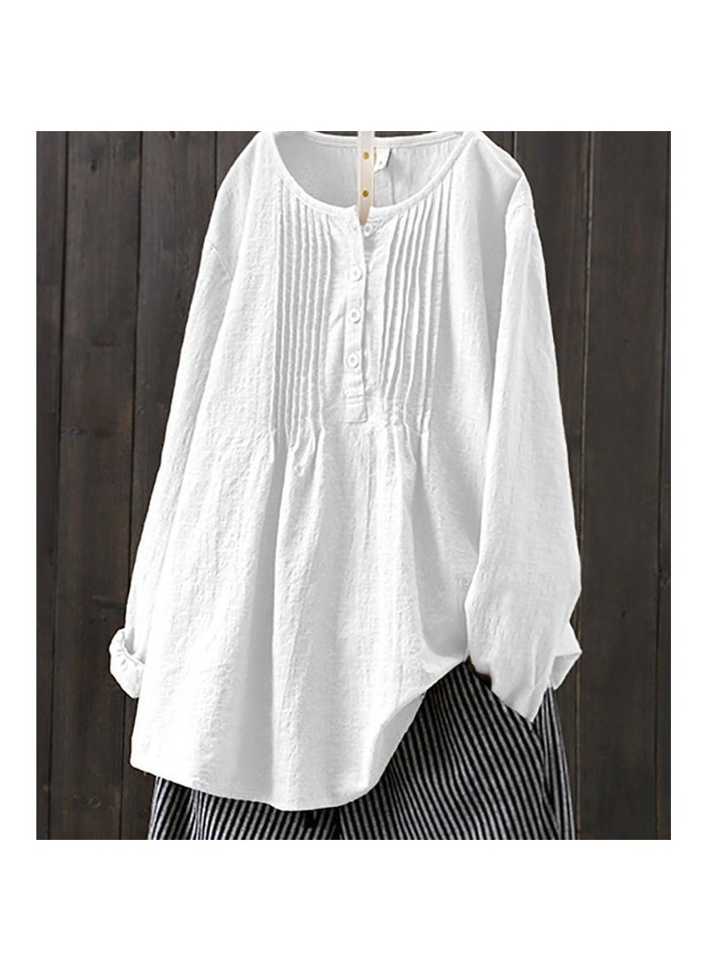 2024 Spring Autumn Loose Pleated Cotton Linen Womens Shirt Blue