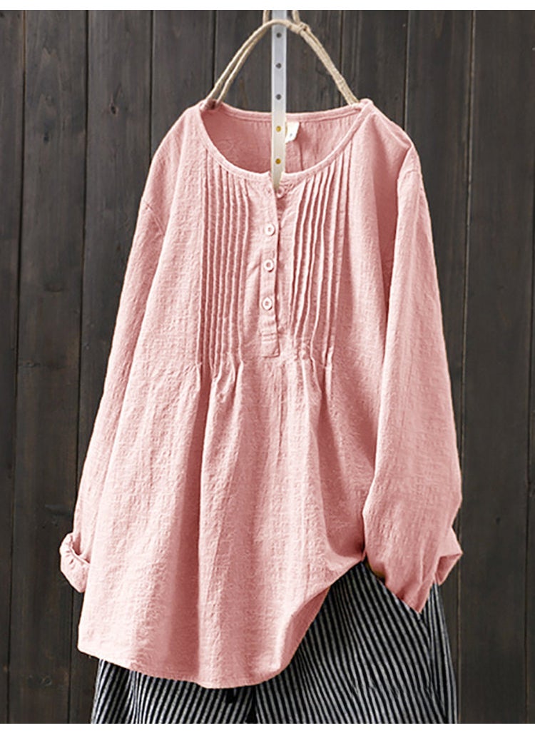 2024 Spring Autumn Loose Pleated Cotton Linen Womens Shirt Pink