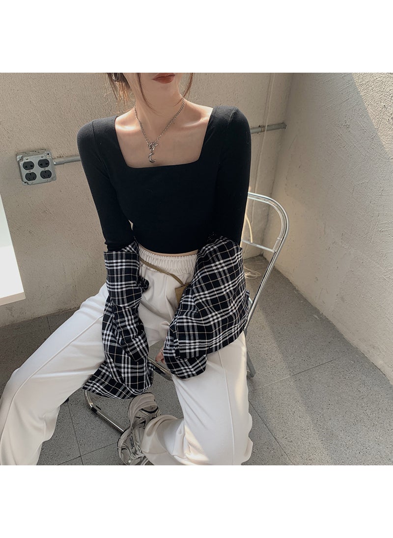 Early Autumn Spicy Girl Square Neck Crop Top Slim Fit Long Sleeve Tee for Women Black