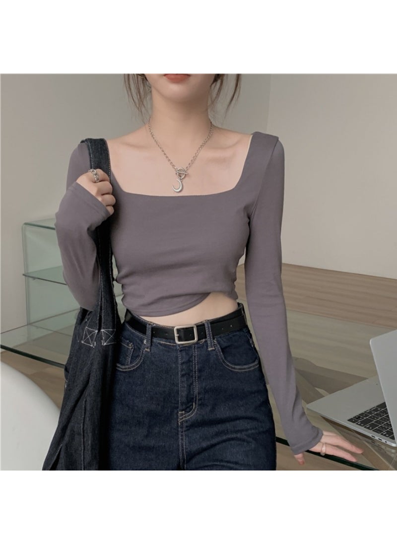 Early Autumn Spicy Girl Square Neck Crop Top Slim Fit Long Sleeve Tee for Women Black