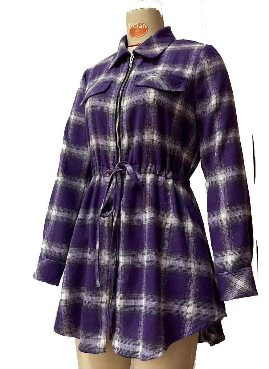 2021SHEINi cross-border Womens Mid-length shirt European and American womens plaid zipper waist womens long-sleeved shirt Purple