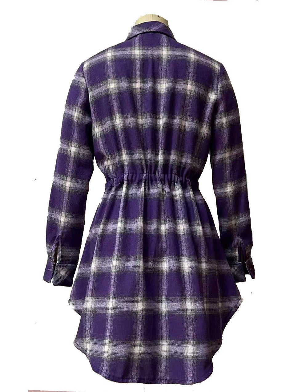 2021SHEINi cross-border Womens Mid-length shirt European and American womens plaid zipper waist womens long-sleeved shirt Purple