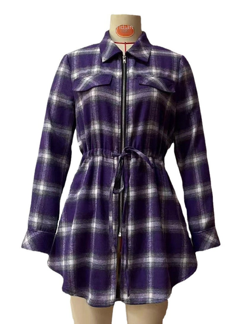 2021SHEINi cross-border Womens Mid-length shirt European and American womens plaid zipper waist womens long-sleeved shirt Purple