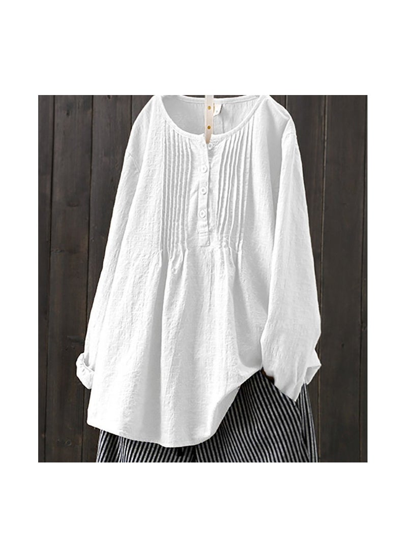 2024 Spring Autumn Loose Pleated Cotton Linen Womens Shirt White