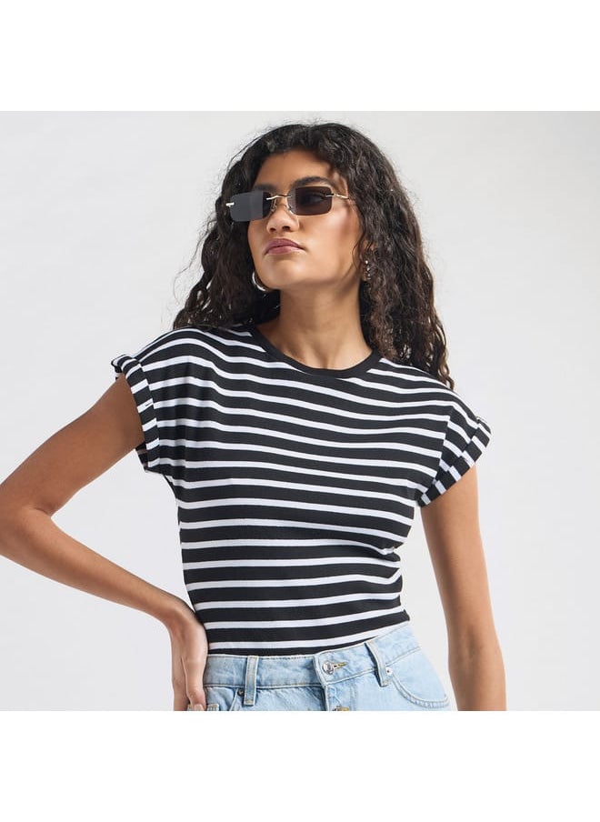 Striped Crew Neck Bodysuit with Extended Sleeves