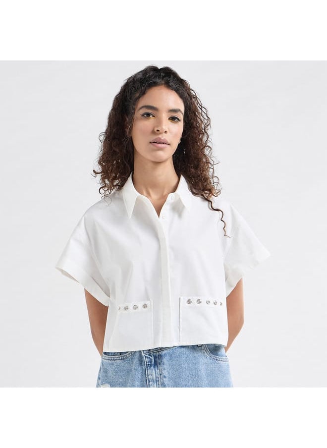 Solid Drop Shoulder Sleeves Shirt with Pockets and Concealed Button Placket