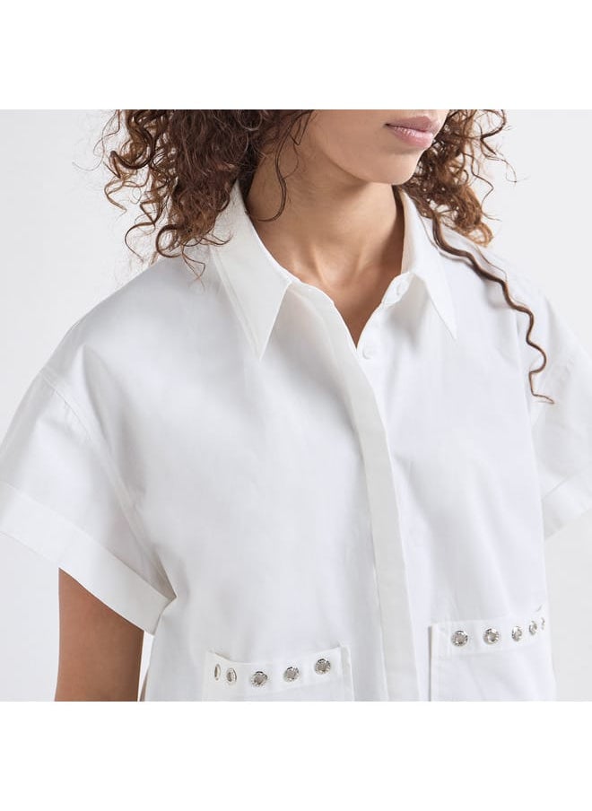 Solid Drop Shoulder Sleeves Shirt with Pockets and Concealed Button Placket