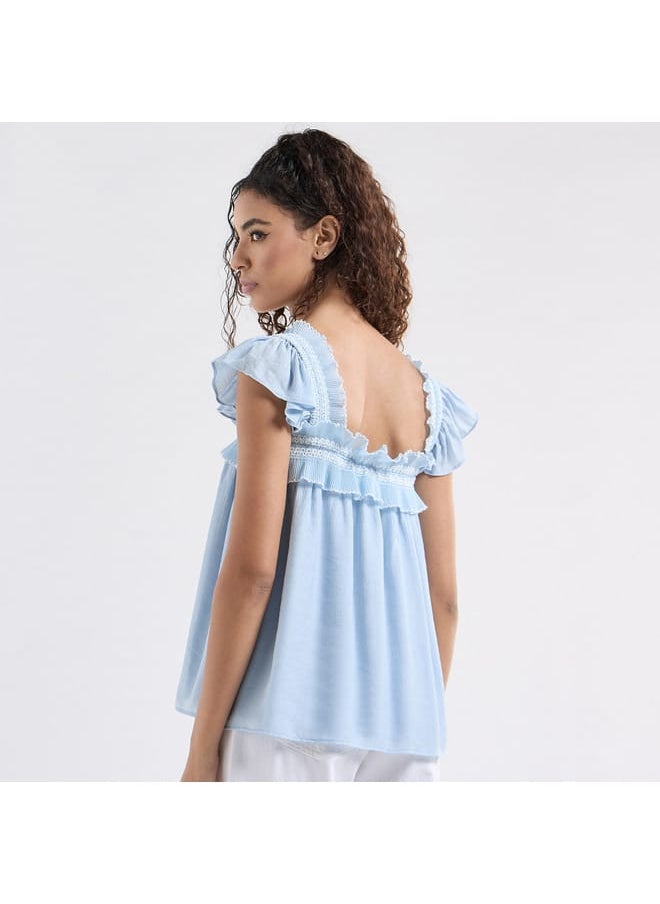 Textured Square Neck Top with Cap Sleeves and Ruffle Detail