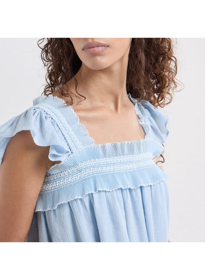 Textured Square Neck Top with Cap Sleeves and Ruffle Detail