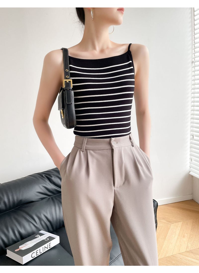 6263 Summer New Hong Kong Style Retro Style Striped One-character Collar Backless Slim-fit Display Camisole Top for Women Black