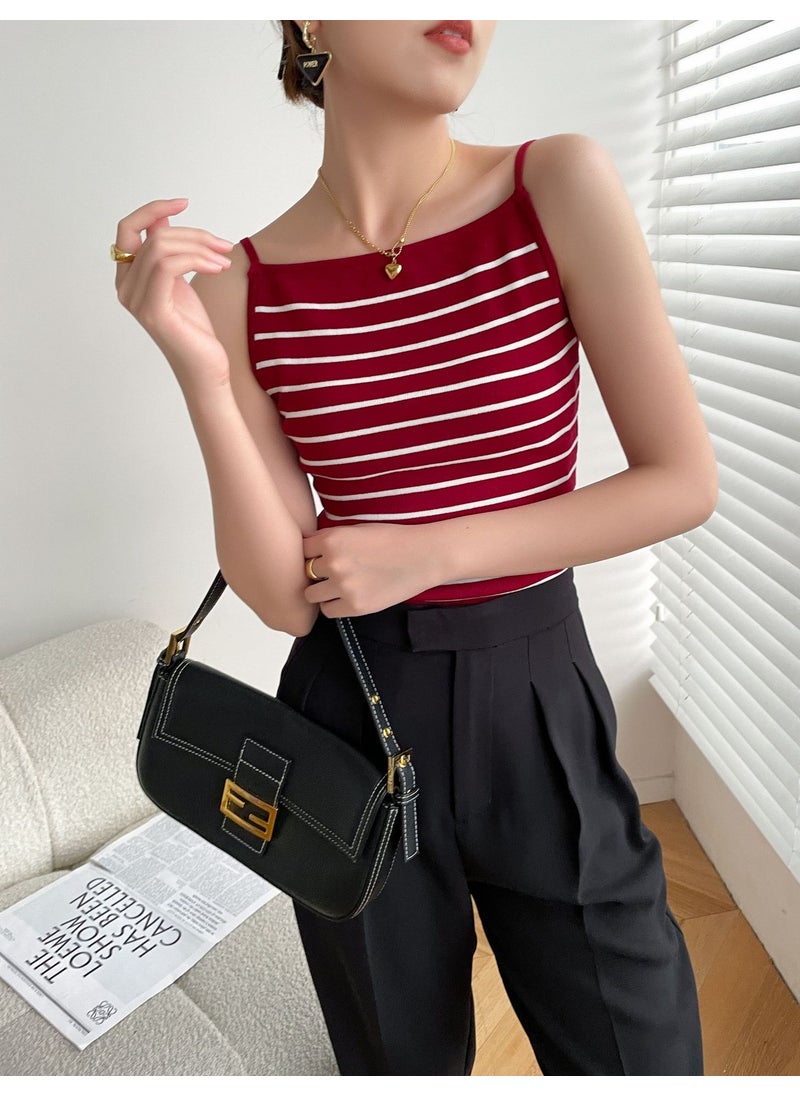 6263 Summer New Hong Kong Style Retro Style Striped One-character Collar Backless Slim-fit Display Camisole Top for Women Red