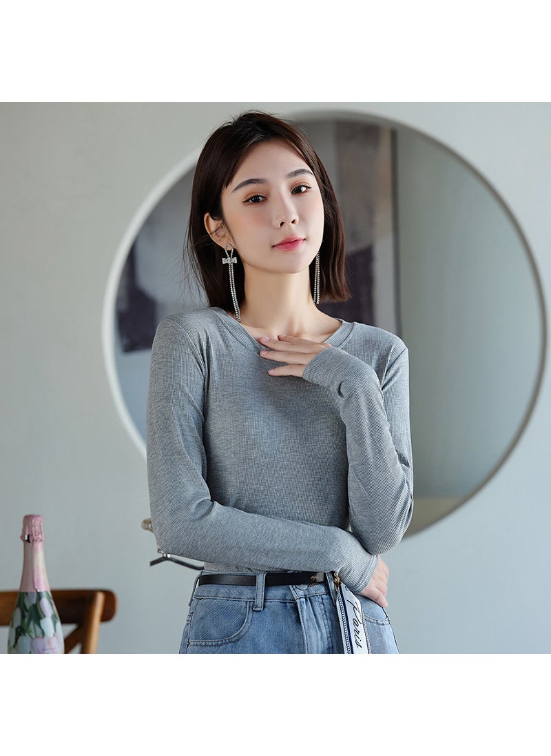 Long Sleeve Base Shirt Womens Autumn and Winter Inner 2022 New Thread Round Neck Loose Slimming Western Style Black T-Shirt Top 3197# temperament Gray