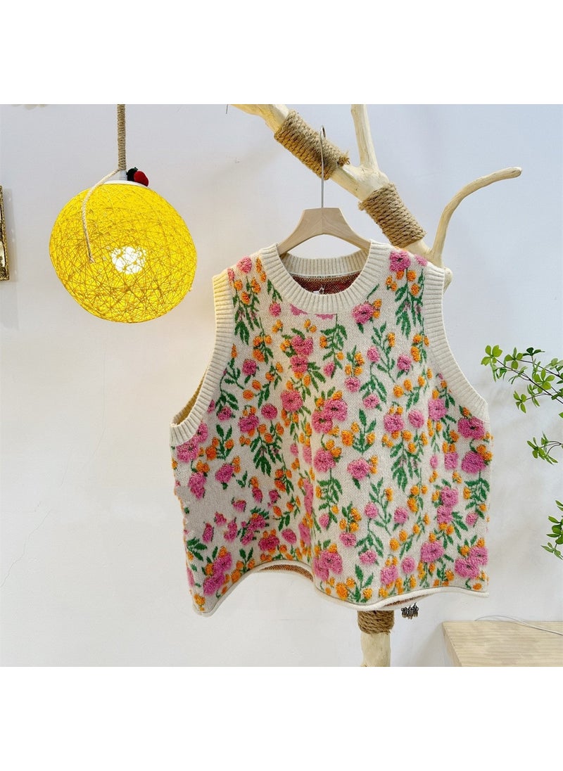 Sleeveless Knit Floral Vest 2024 Spring Autumn Apricot