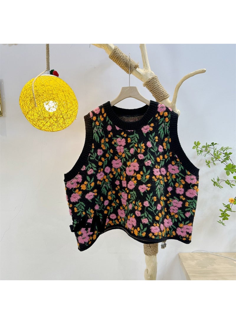 Sleeveless Knit Floral Vest 2024 Spring Autumn Apricot