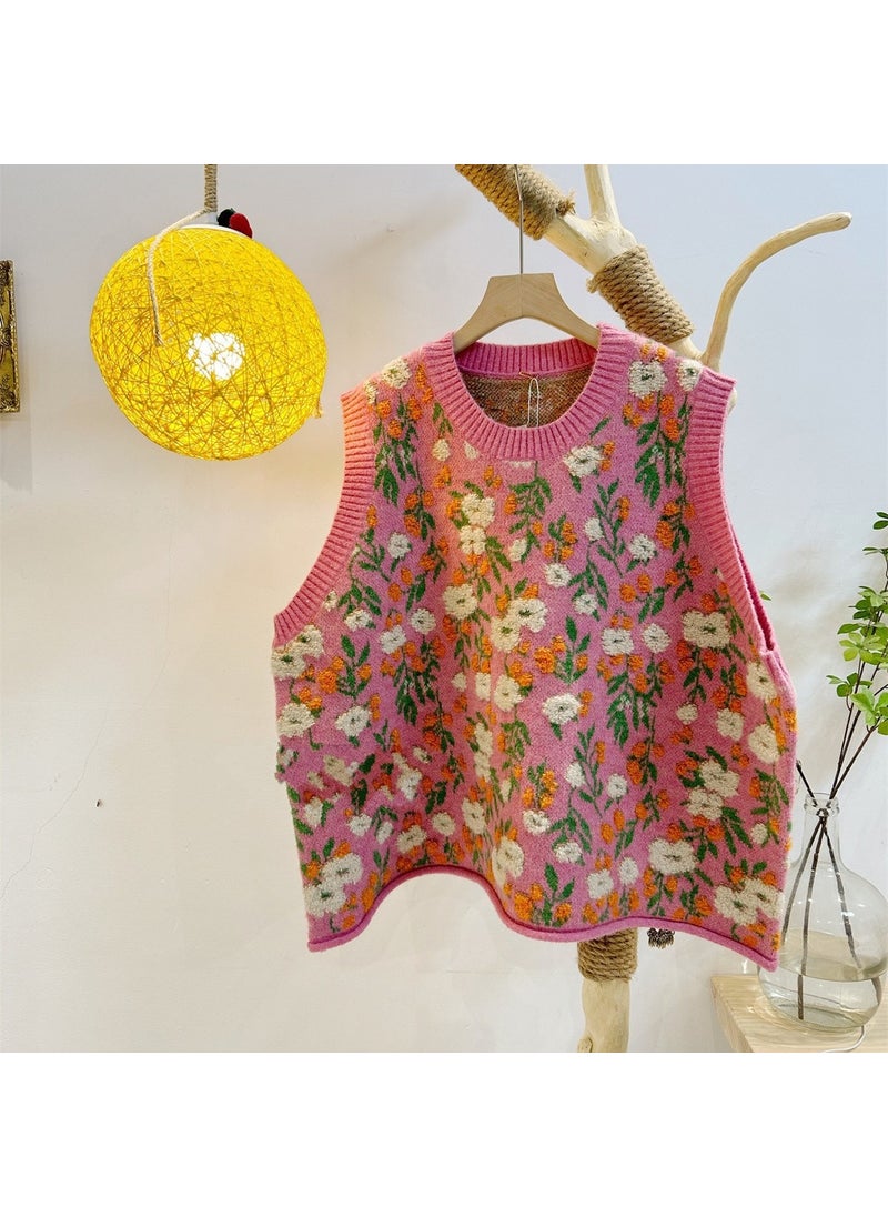 Sleeveless Knit Floral Vest 2024 Spring Autumn Apricot