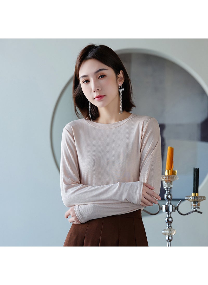 Long Sleeve Base Shirt Womens Autumn and Winter Inner 2022 New Thread Round Neck Loose Slimming Western Style Black T-Shirt Top 3197# skin color