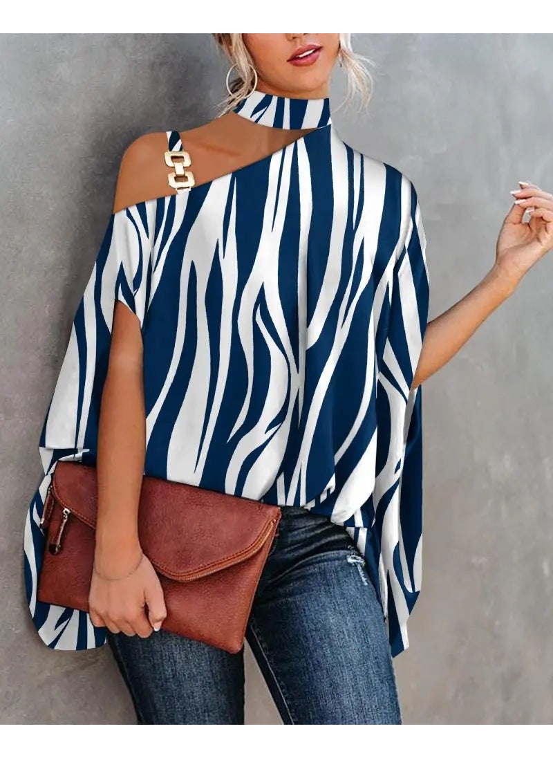 2024 Summer Elegant Batwing Ladies Top Blue stripes