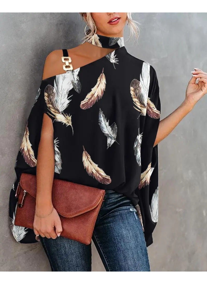 2024 Summer Elegant Batwing Ladies Top Feather