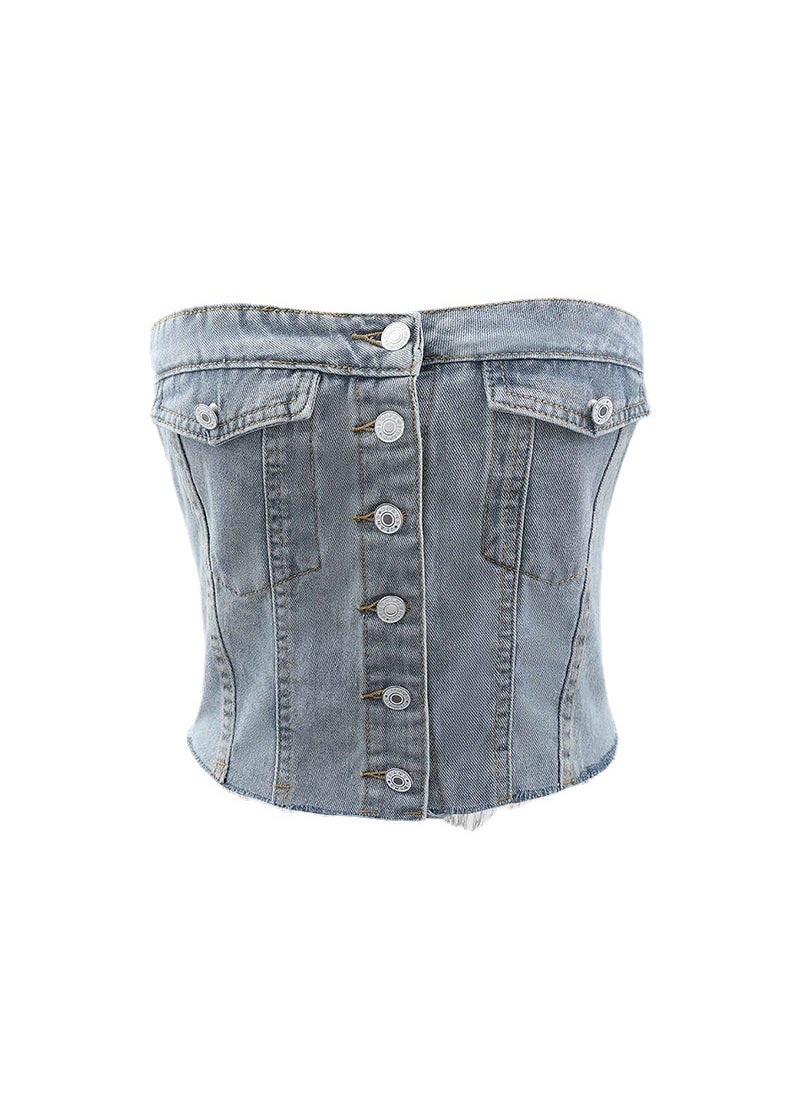 [spot] summer new womens European and American ins chest-wrapped denim corset short jacket waistcoat Blue