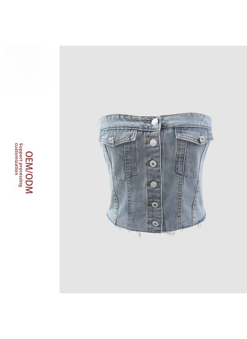 [spot] summer new womens European and American ins chest-wrapped denim corset short jacket waistcoat Blue