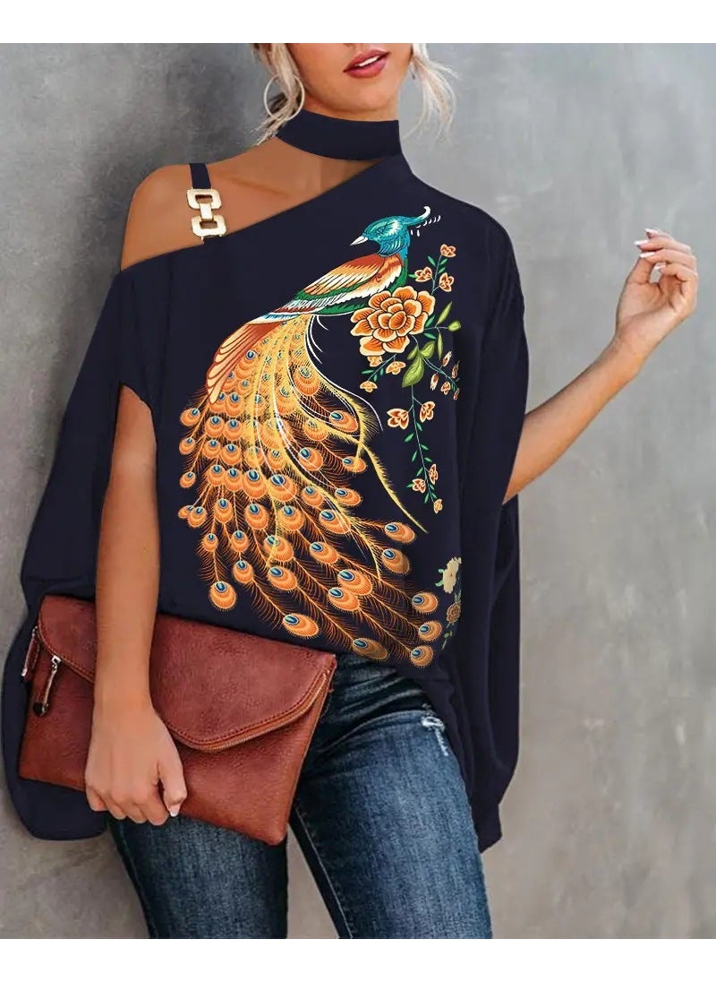 2024 Summer Elegant Batwing Ladies Top Peacock print