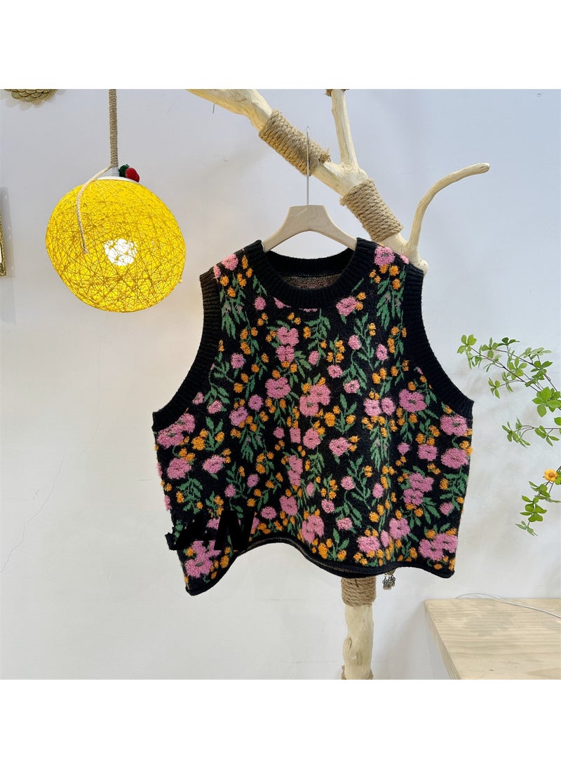 Sleeveless Knit Floral Vest 2024 Spring Autumn Black