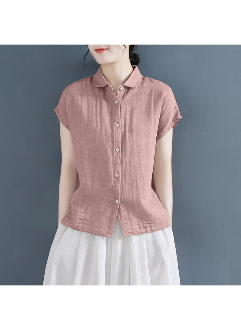 Summer polo collar design cotton linen short sleeve shirt Womens loose small fly sleeve cotton linen shirt large size linen top Black