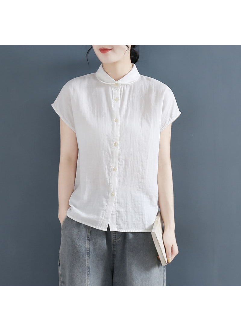 Summer polo collar design cotton linen short sleeve shirt Womens loose small fly sleeve cotton linen shirt large size linen top Black